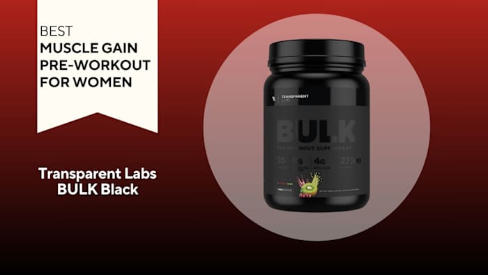 A red background with a white banner that says, "Best Muscle Gain Pre-Workout for Women" next to an all-black container that says Transparent Labs BULK Black